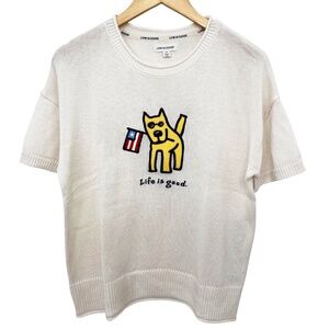 Life is Good Dog American Flag Short Sleeve Sweater Women’s Medium